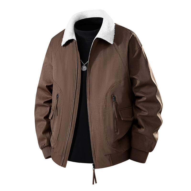 新款秋冬男士羊羔绒内里保暖夹克情侣美式休闲工装翻领外套宽松潮