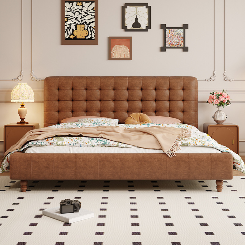中古風意式極簡真皮床主臥華夫格高端大氣簡約雙人婚床現代復古風