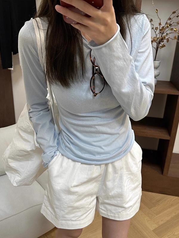 温柔紫色薄款正肩长袖T恤女春秋季内搭修身显瘦打底衫上衣防晒衫|undefined