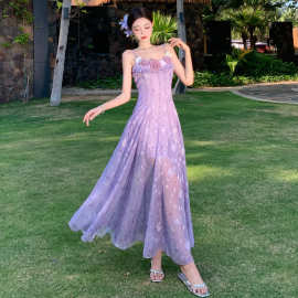 法式提花紫色吊带裙沙滩长裙女夏季海边度假碎花连衣裙