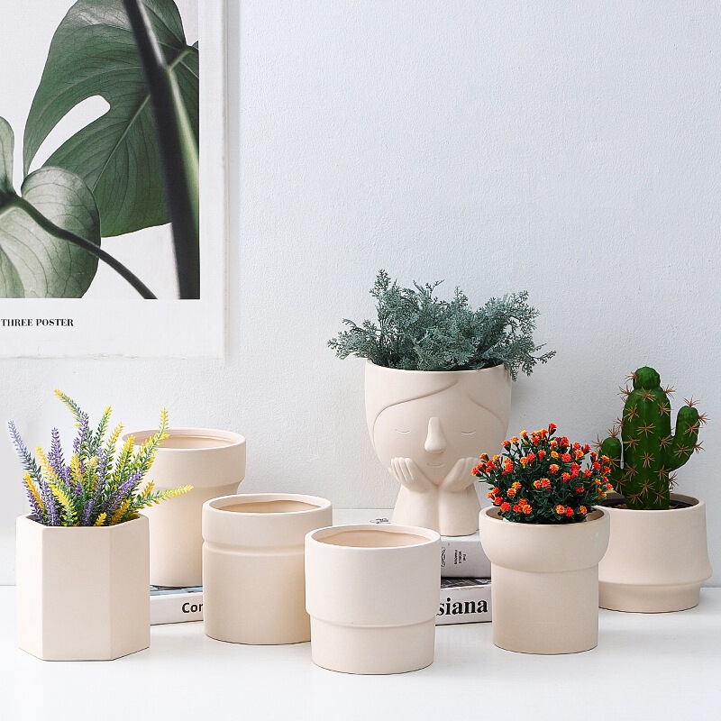 Geometric Flat Portrait Plain-Fired Embryo Flower Pot Breathable and Water-Absorbent Hand-Painted DIY Clay Pot Coarse Pottery Plant Orchid Potted Plant