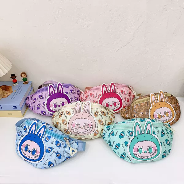Cute Labubu children's chest bag with cartoon print, nylon shoulder crossbody bag for boys and girls, outdoor sports waist bag, trendy