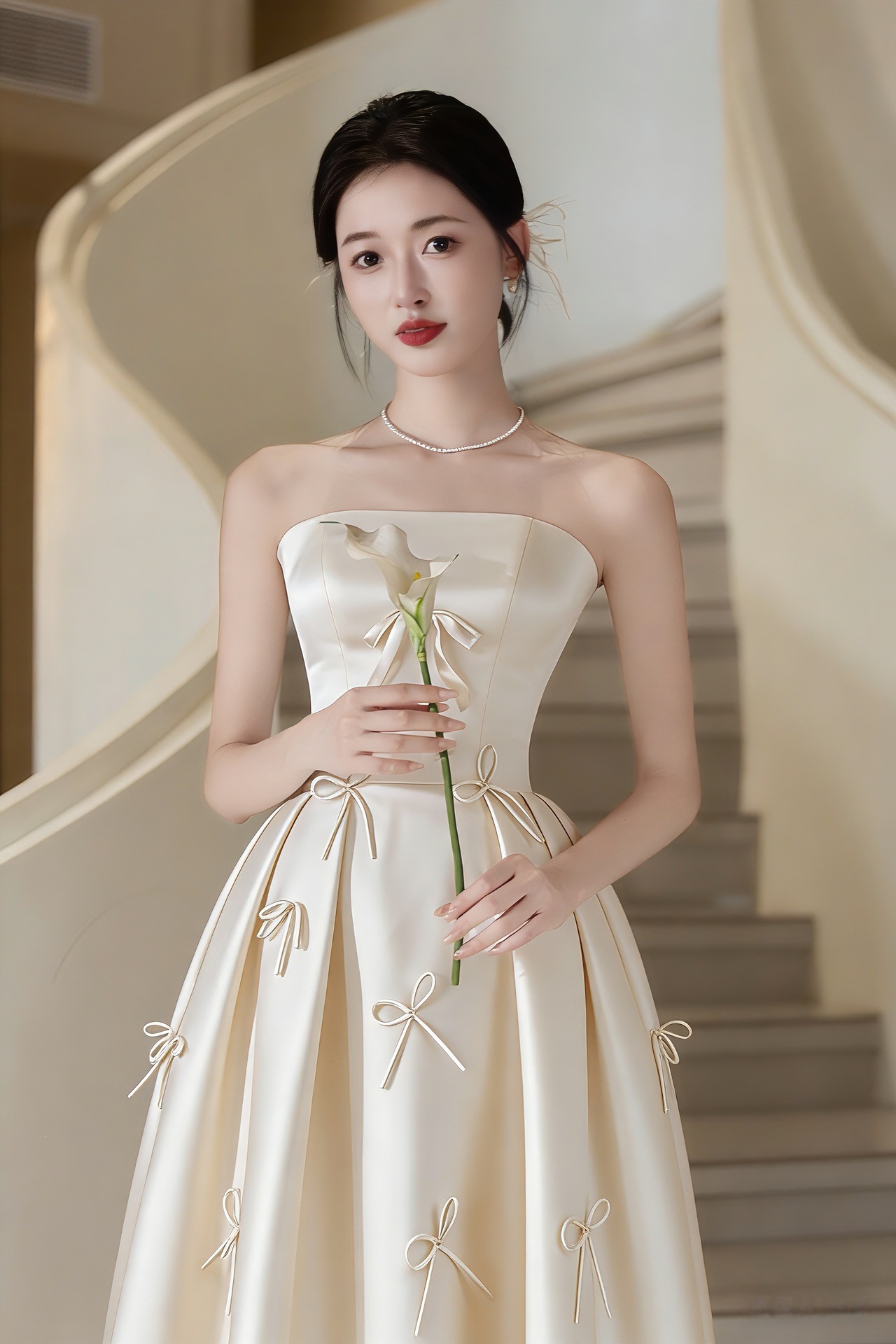Đầm dạ hội cưới cổ yếm satin trơn tay dài phong cách tối giản — Màu ảnh chi tiết 5