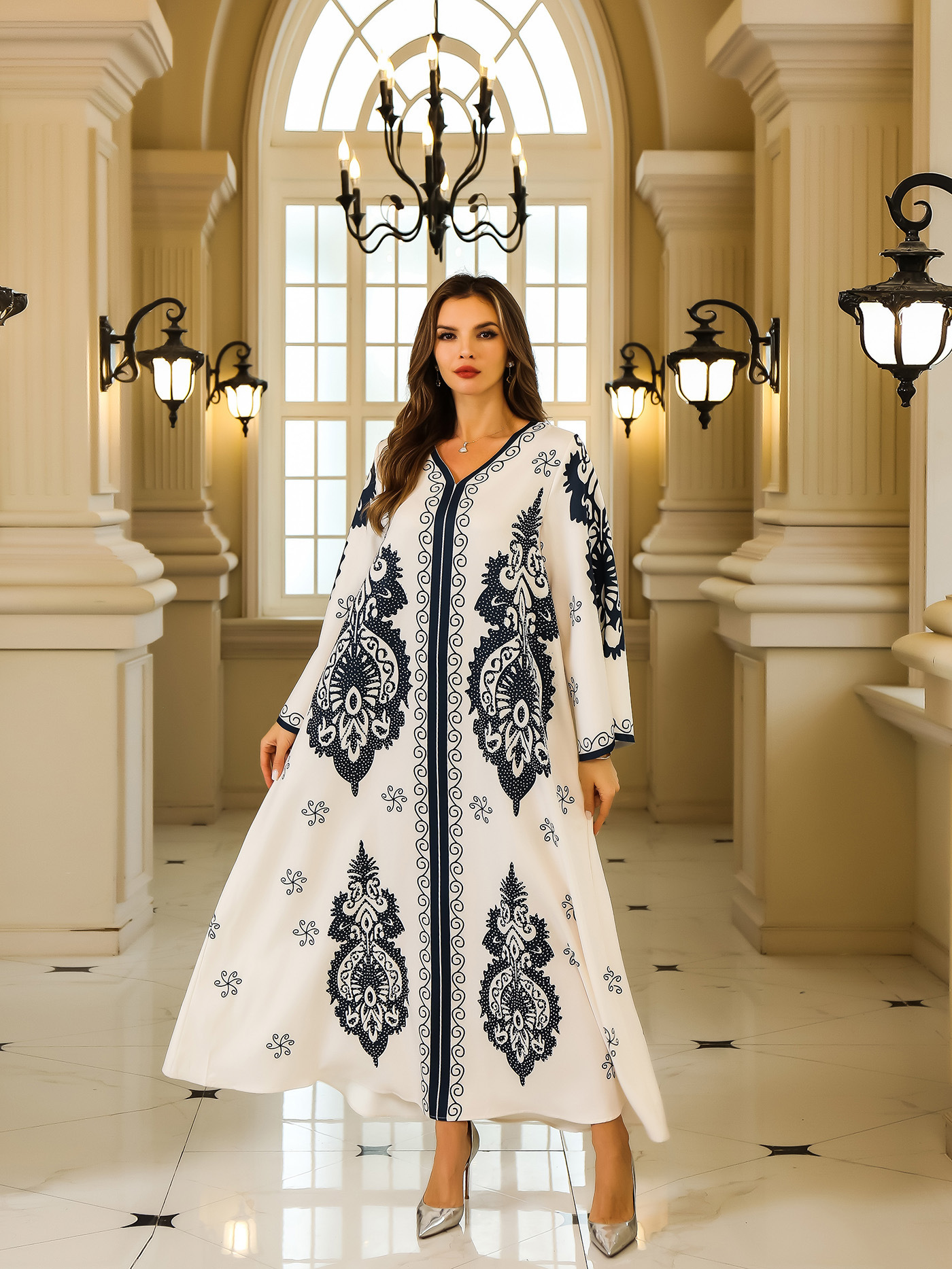 Arabic Clothing For Women, Fashionable Women's Wear, Dubai Turkish Abaya, Stylish V-neck With Rhinestones, Loose-fitting_ecoleips.com