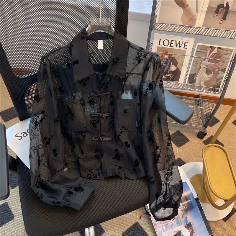 新しい中国風の日焼け止めシャツ女性の夏の薄いカーディガンユニークなシックなプリント長袖シャツボタンダクトトップ|undefined