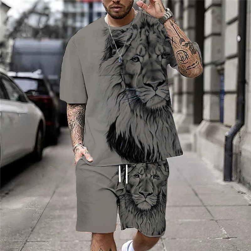 2026 Summer Fashion T-shirt 3D Lion Print Series Men's Street Round Neck Short Sleeve Set_viptrois.com