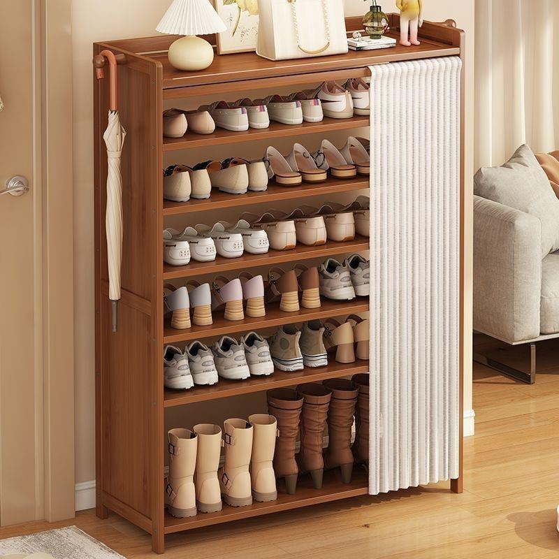 Nuevo estante de zapatos multicapa doméstico puerta corredor cortina de madera maciza estante de almacenamiento a prueba de polvo almacenar armario de zapatos económico