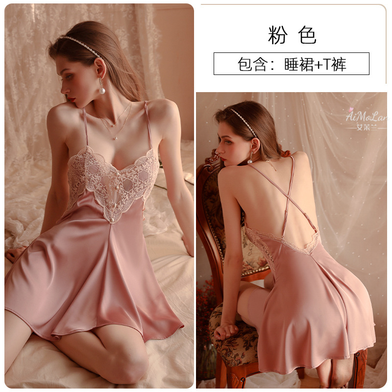 2021 nuevo invierno sexy pijamas de las mujeres puro deseo verano seda del hielo Correa encaje camisón 187