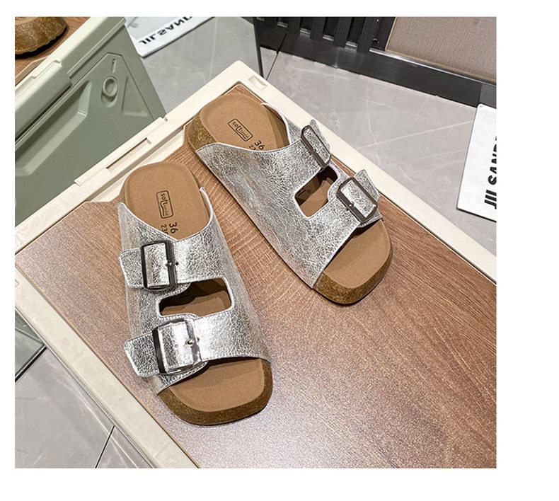 Dép sandal nữ quai ngang khóa cài cổ điển đế dày, mũi vuông, đi ngoài — Màu bạc, Màu mơ chi tiết 24