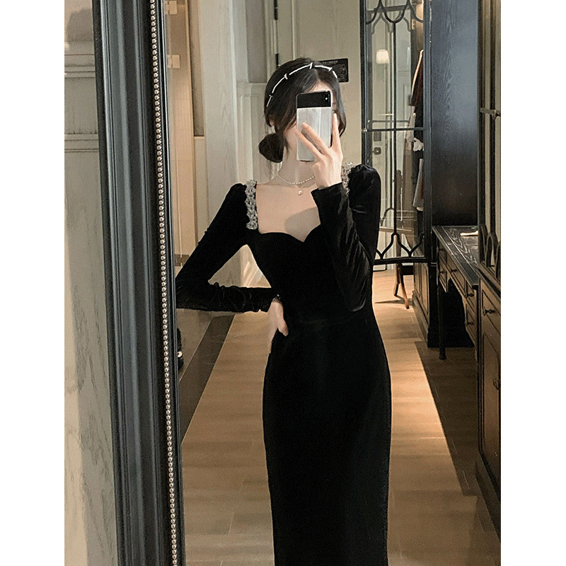 气质女神范法式小香风感辣妹包臀黑色金丝绒连衣裙女秋冬长裙|undefined