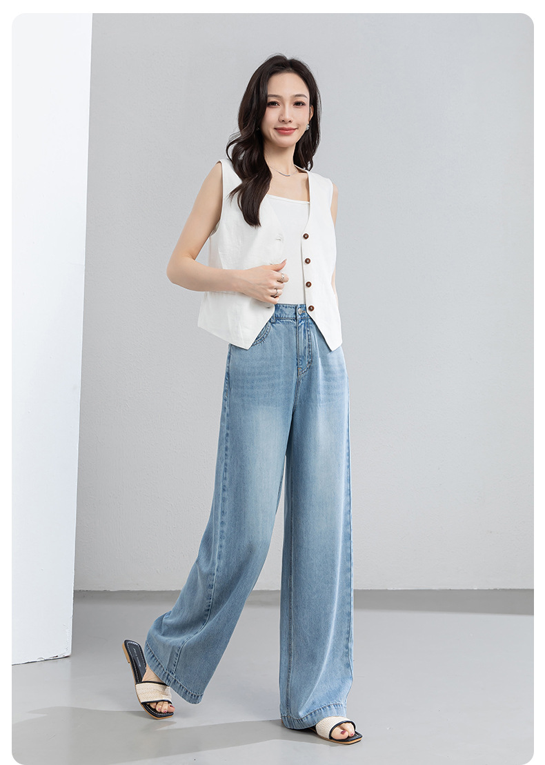 Quần jean nữ ống rộng cạp cao dáng suông vải Tencel mềm mại dài 103 cm — Màu xanh - Chiều dài quần thông thường khoảng 103cm chi tiết 20