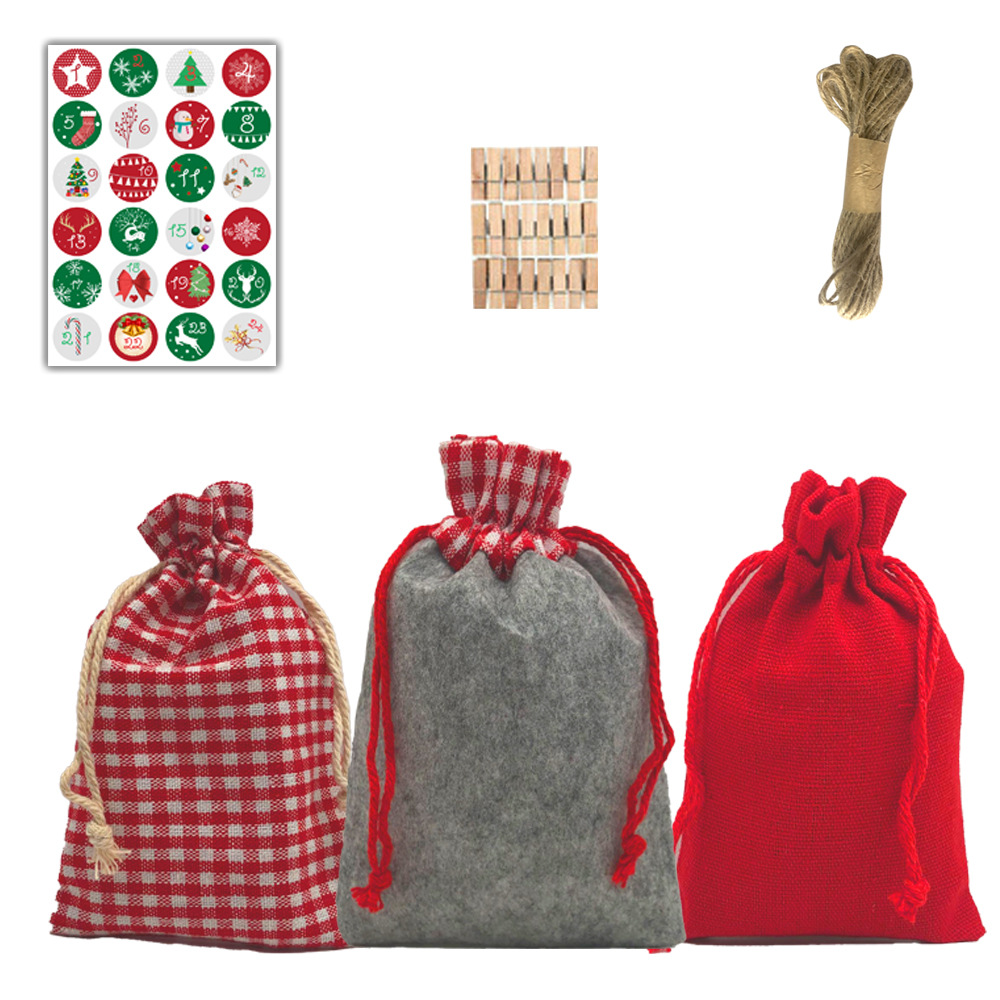 亚马逊现货24数字贴纸圣诞降临日历麻布袋糖果礼物束口包装袋套装