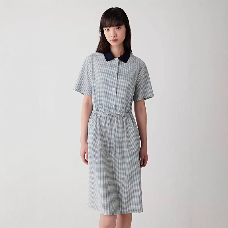 Xiaohe Women's Clothing Mall's Same Style 2026 Spring New Commuter Simple Color-Blocked Plaid Dress with a Turn-Down Collar
