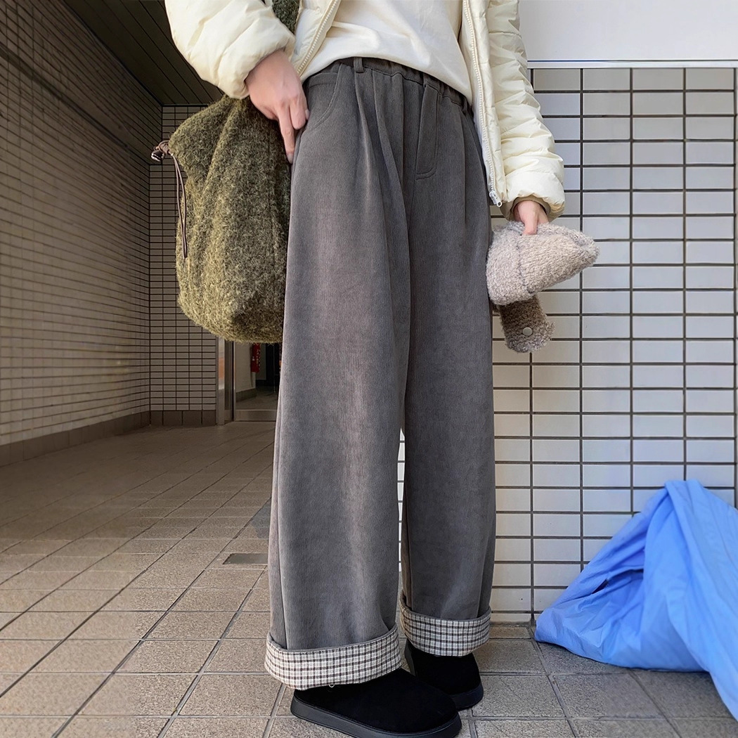 奶兔 冬日特调格纹卷边雪绒裤女显瘦直筒裤2025冬季新款休闲裤潮