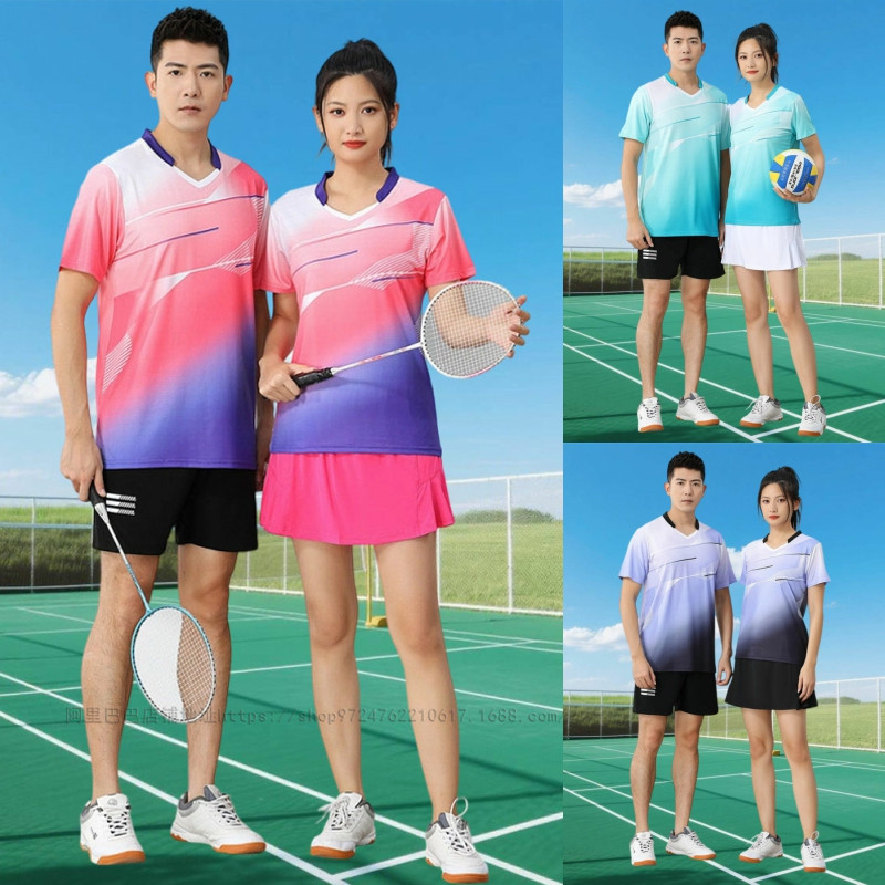New badminton clothes top quick-drying volleyball clothes men's and women's summer short-sleeved T-shirt V-neck table tennis clothes slim-fit printing New badminton clothes top quick-drying volleyball clothes men's and women's summer short-sleeved T-shirt V-neck table tennis clothes slim-fit printing