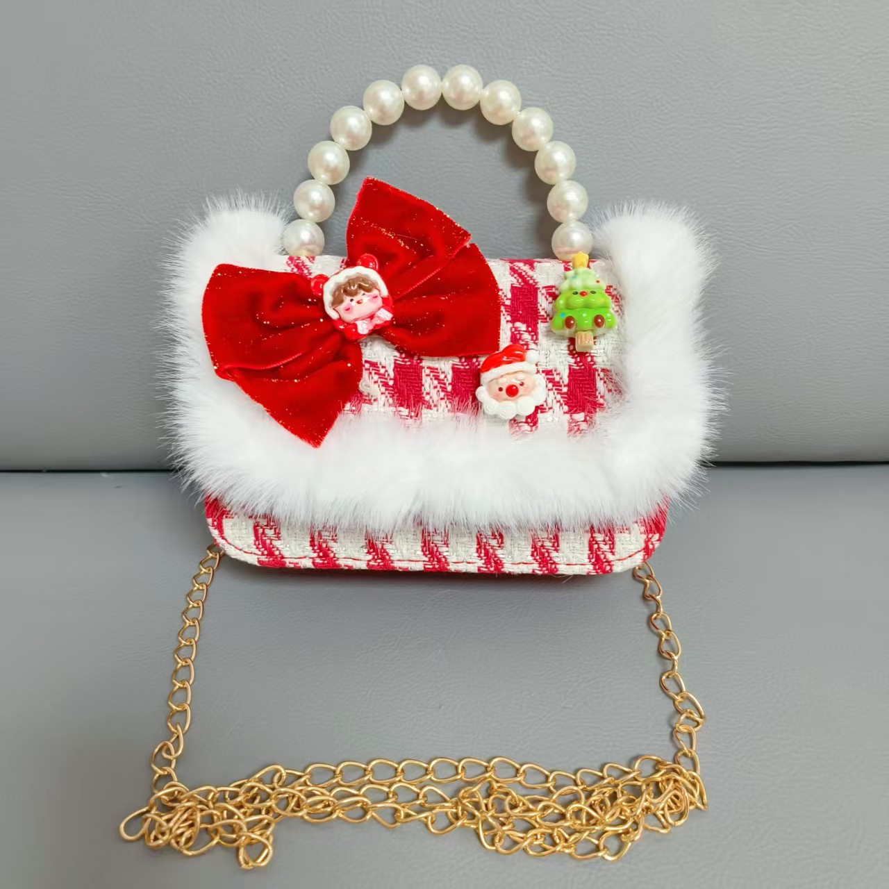 Cartera de Año Nuevo rojo arco de papá Noel bolso de perla pequeña cadena de viento fragante bolso de hombro