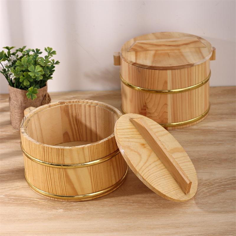 Phnom Penh Flavor Pail Wooden Barrel Rice Sushi Barrel Covered Rice Commercial Tableware Lunch Box Steamed Rice Barrel Wooden Steamed Rice Pot
