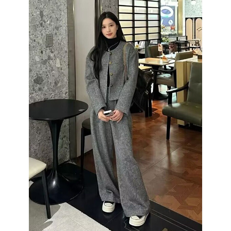 穿搭一整套高级感时尚套装女秋冬小香风毛呢外套休闲阔腿裤两件套|undefined