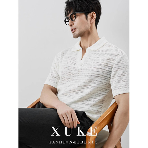 POLO Shirt V-Neck Short Sleeve Knit Shirt for Men with Herringbone Lacing, British Business Summer Ice Silk for Import and Export Cross-Border Wholesale