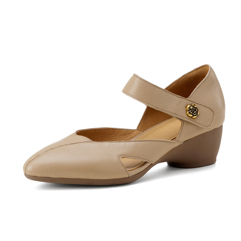 Sandal nữ đế xuồng mũi nhọn da cừu, gót 7 cm, phong cách retro — Màu trắng nhạt