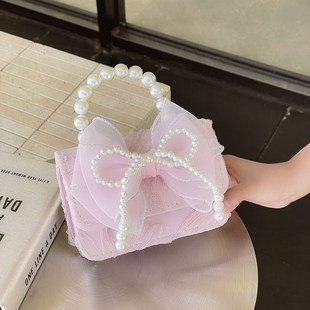 New Foreign Trade Lace Flower Girls' Shoulder Crossbody Bag Fashionable Pearl Bow Children's Bag Cartoon Coin Purse