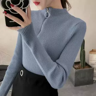 秋冬季新款针织衫上衣韩版半高领圆环拉链套头毛衣女修身长袖打底