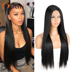 Cross-border European and American-style women's middle-parted lace-front black long straight hair wig, made of high-temperature silk fibers, with a 70cm length.