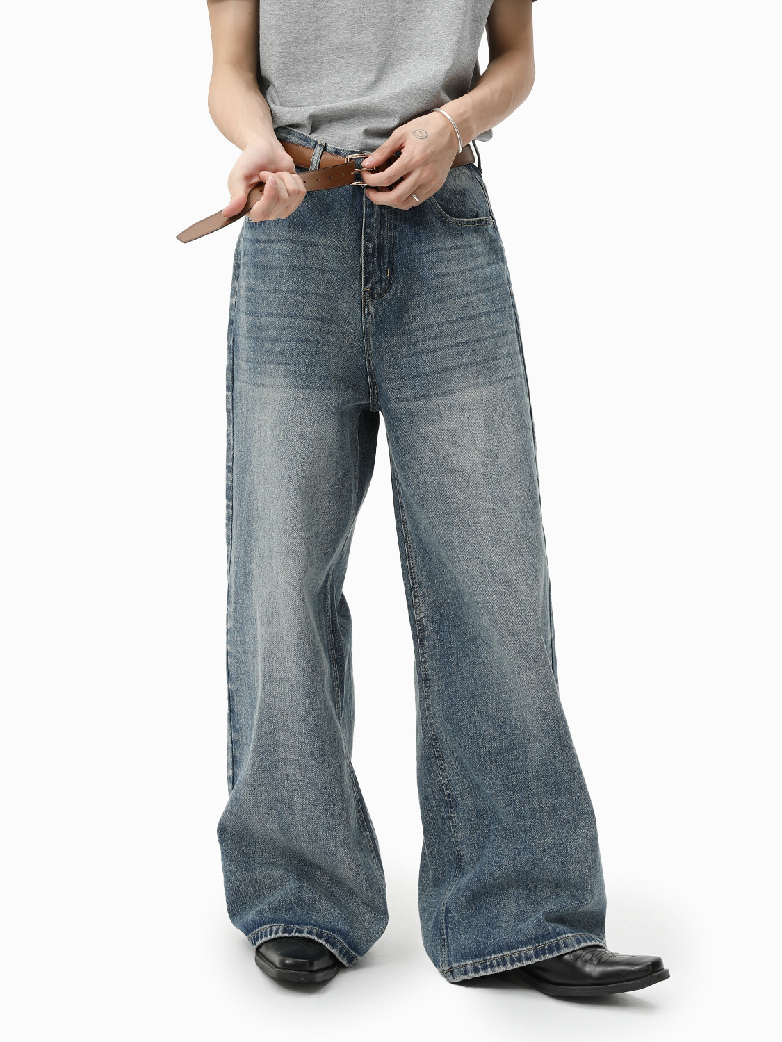 MTLCLOTHES Hombres| Coreano cleanfit recto colgando sensación de piernas anchas con pantalones vaqueros lavados con agua