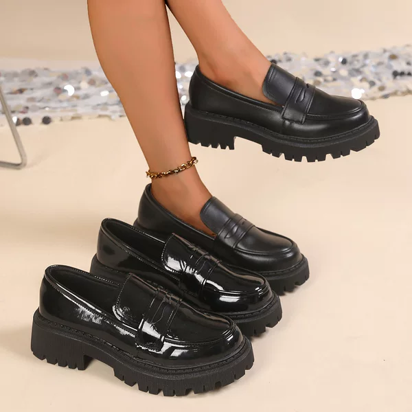Loafers for Women Spring New British Style Versatile and Comfortable One-Legged Thick-Soled Small Leather Shoes Round Toe Thick Heel Women's Shoes