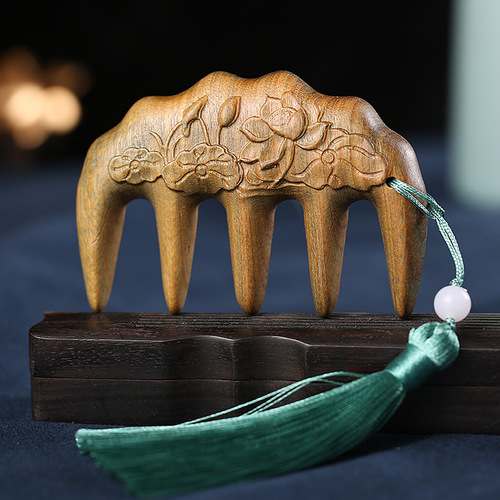Green sandalwood massage comb, head meridian comb, single-sided carving, wide-toothed rounded teeth, thick-toothed whole wood comb