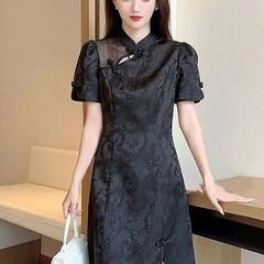 9301 レトロバックルレース中国風改良チャイナドレス中国風ミディアムドレス 2025 半袖新しい婦人服