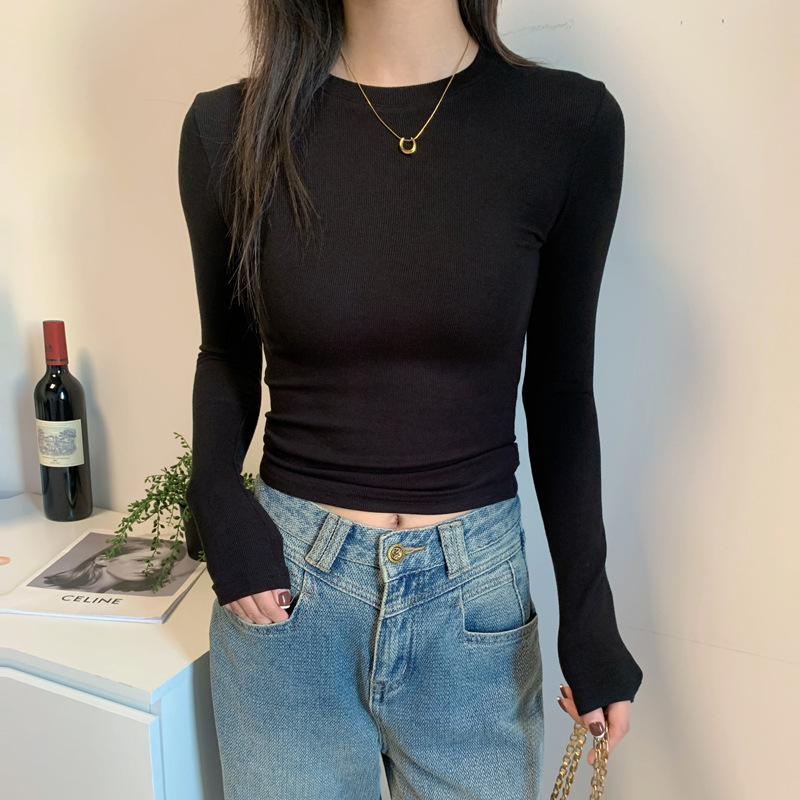 美式灰色正肩小衫长袖t恤女2025秋季新磨毛内搭打底修身百搭上衣|undefined