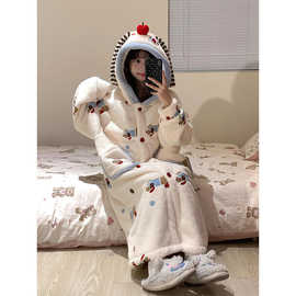 可爱卡通少女腊肠狗珊瑚绒睡衣女秋冬加绒加厚长款家居服大码睡袍