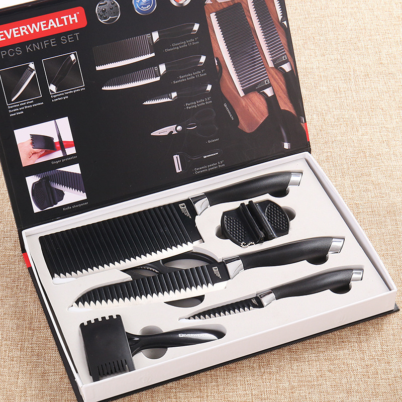 Patrón de onda de cocina doble cabeza de galvanoplastia cuchillo de cocina grande juego de siete piezas con afilador de cuchillos traje de cuchillo de acero inoxidable juego de cuchillos domésticos