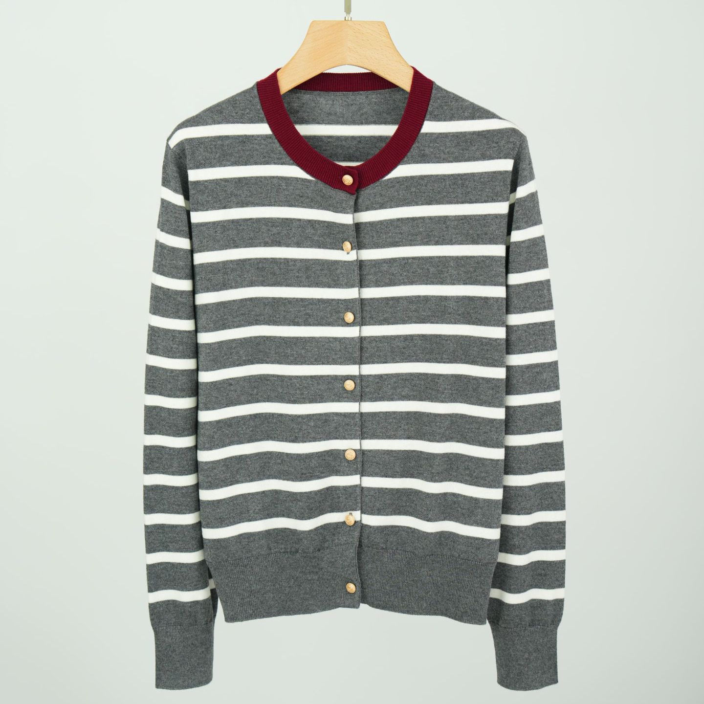 42-Count Wool-Blend Classic Crew Neck Color-Blocked Metal Button Sweater Basic Striped Knit Cardigan for Women 1N1310