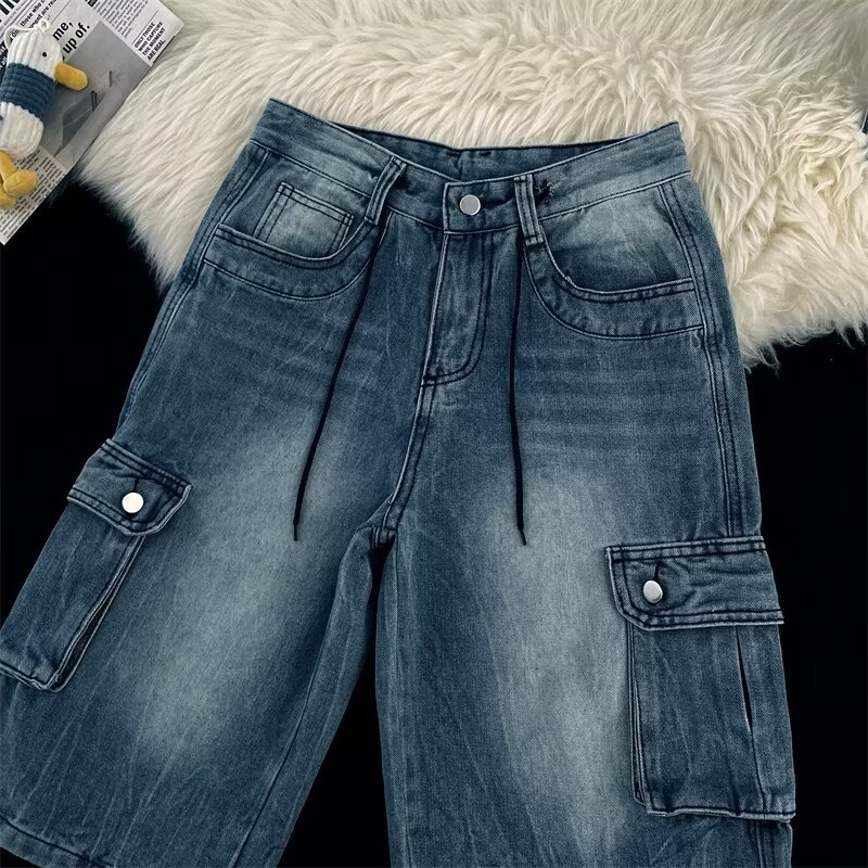 Summer Men's Plus Size Capri Jeans Loose Wide Leg Hip Hop Cargo Shorts Multi Pocket Chubby Pants_mkmklike.com