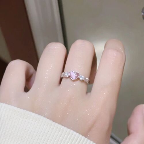 Love pink cat's eye stone ring for women, cute and sweet niche design index finger ring opening adjustable ring