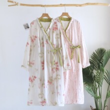 纯棉纱布睡裙女士春秋汉服睡袍浴袍斜襟全棉长袖春夏季薄款家居服