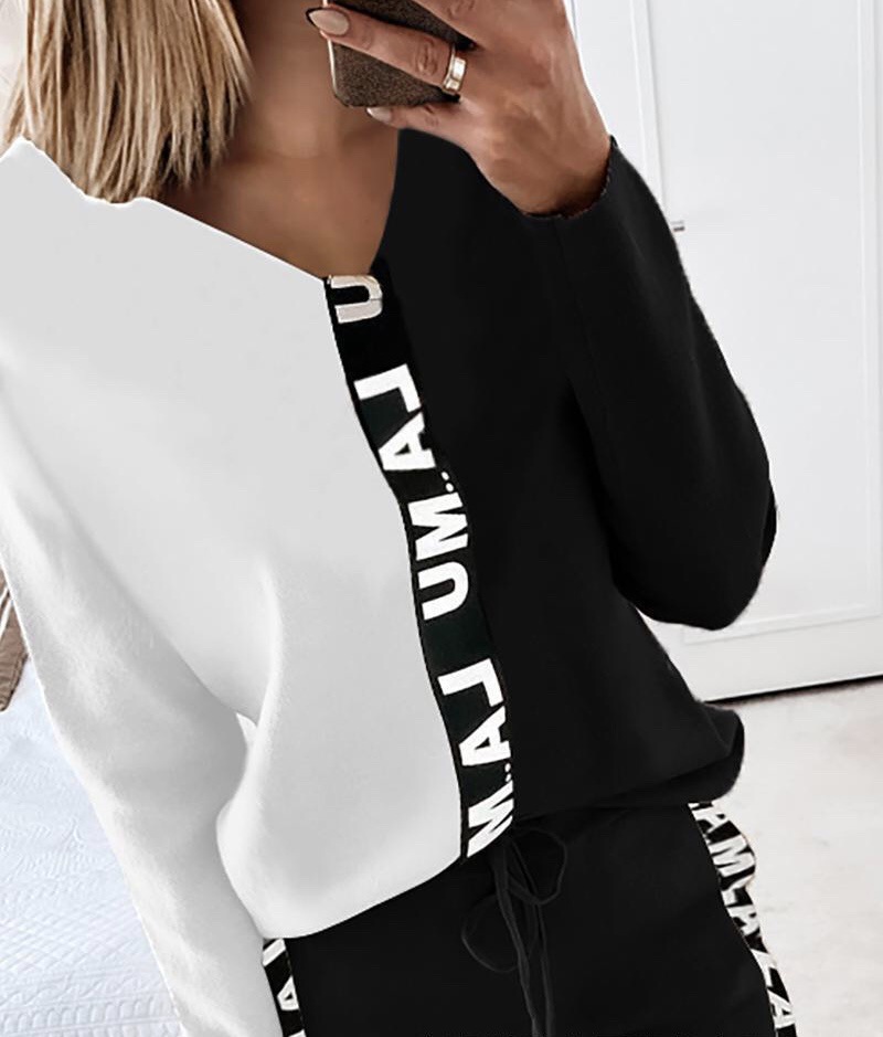 Spring, Autumn Season Women'S Gender Contrast Binding Design Casual, Fashion Style White, Black Color Holiday Daily White Black Women'S Casual Fashion Printing Polyester Contrast Binding Pant Co-ord Set Pants Sets