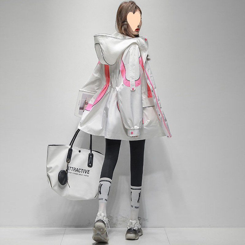 时尚撞色冲锋衣外套女2025春秋季新款收腰显瘦中长款休闲连帽风衣|undefined