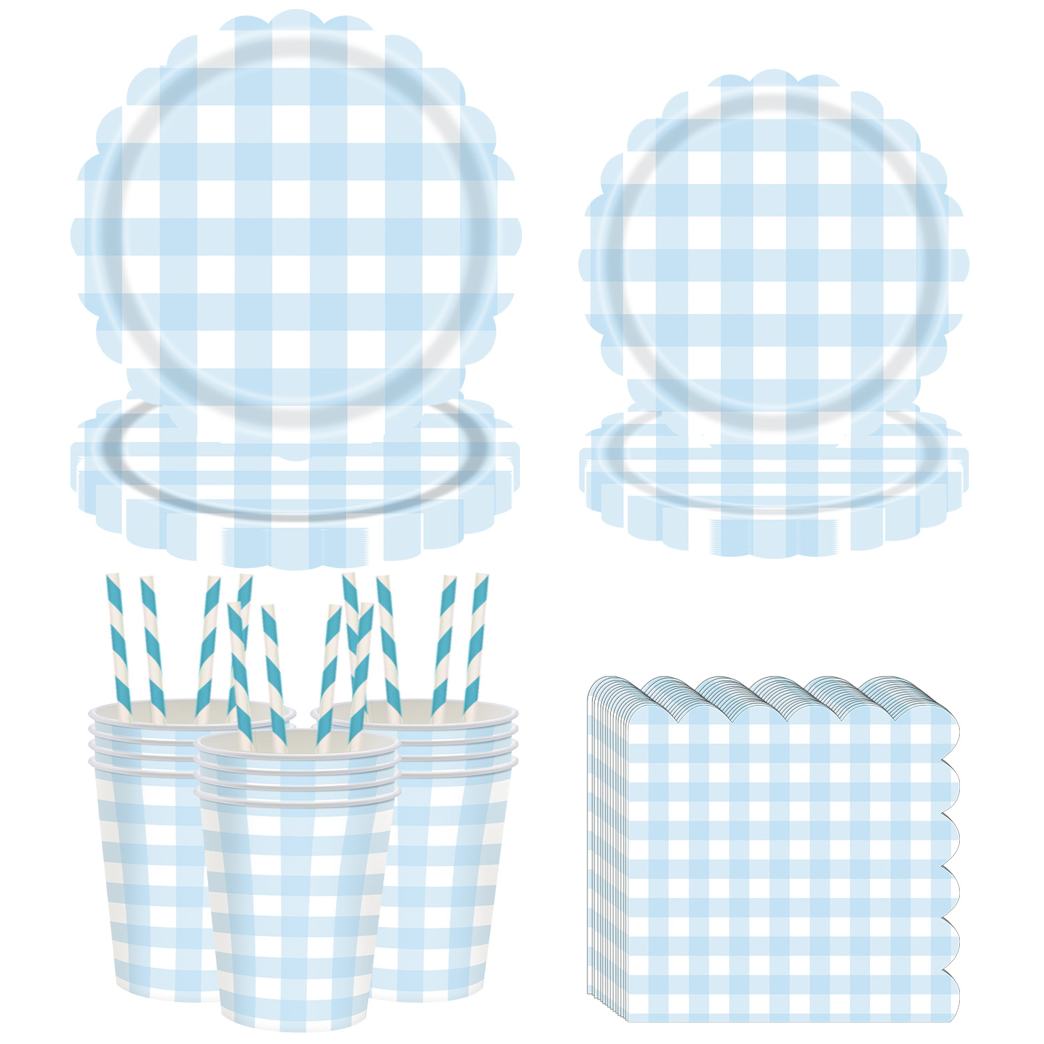 New Birthday Theme Party Blue Plaid Disposable Paper Plate Tissue Paper Cup Holiday Party Decoration Set