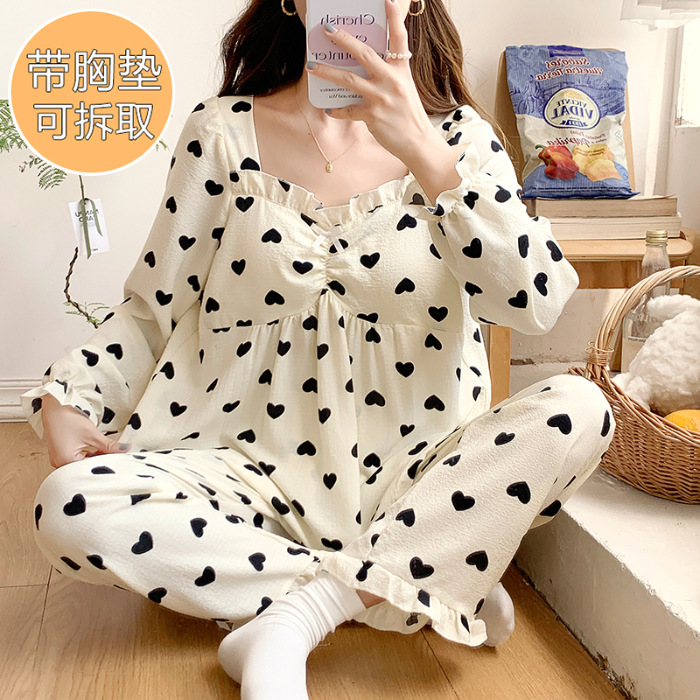 Más tamaño de manga larga pijamas de las mujeres tejidas con volantes con cuello en V Jersey de algodón de otoño e invierno dulce ropa de casa casual con el pecho pad traje