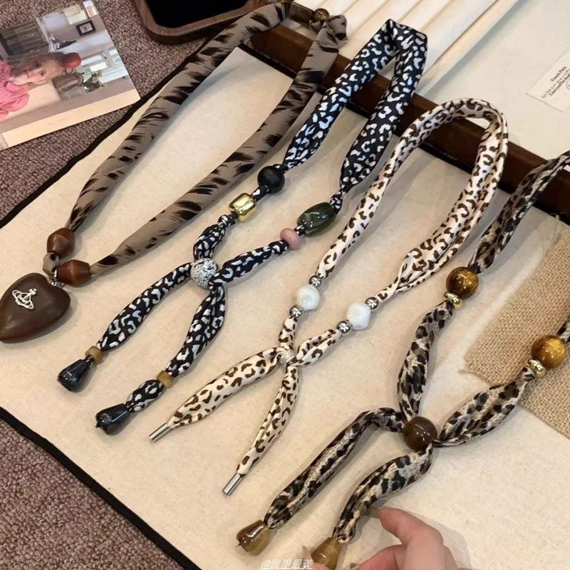 美拉德色系~复古豹纹丝巾项链女小众设计感毛衣链挂脖丝巾配饰|undefined