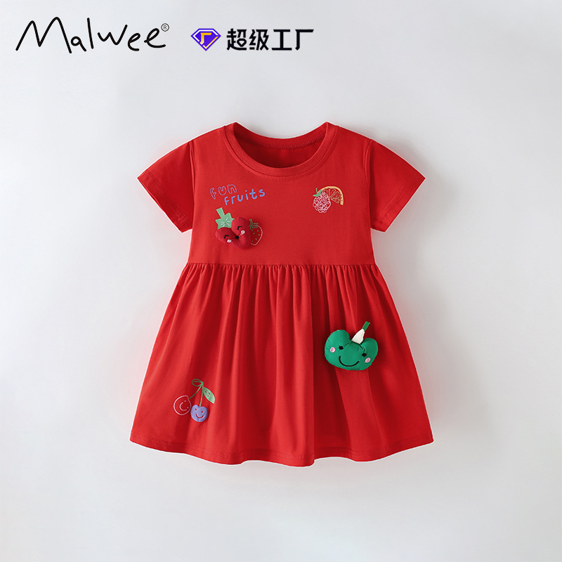 Malwee niñas vestido verano nuevo europeo y americano niños casual impreso manga corta cuello redondo vestido de princesa para niños