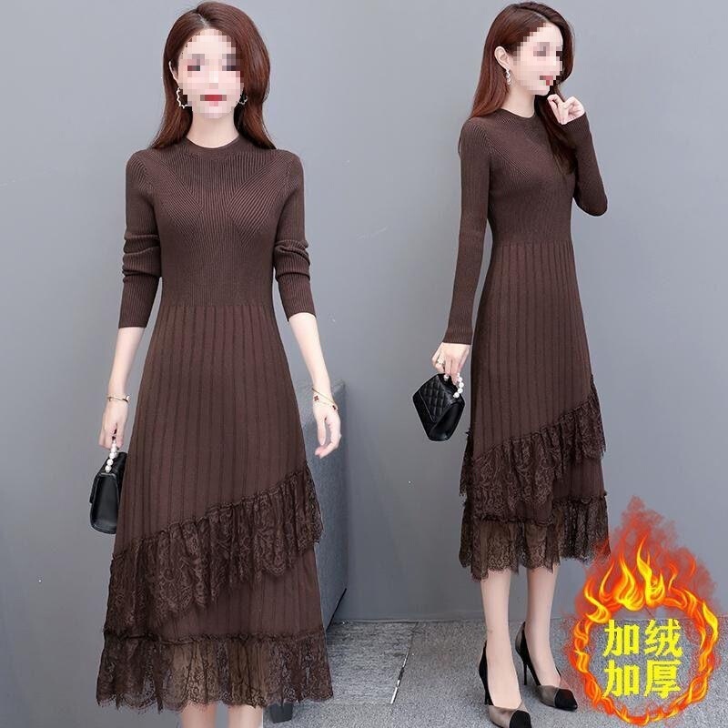Knitted Sweater Dress for Women 2025 Autumn and Winter New Style Lace Stylish Versatile Long Fleece-Lined Thickened Base Dress