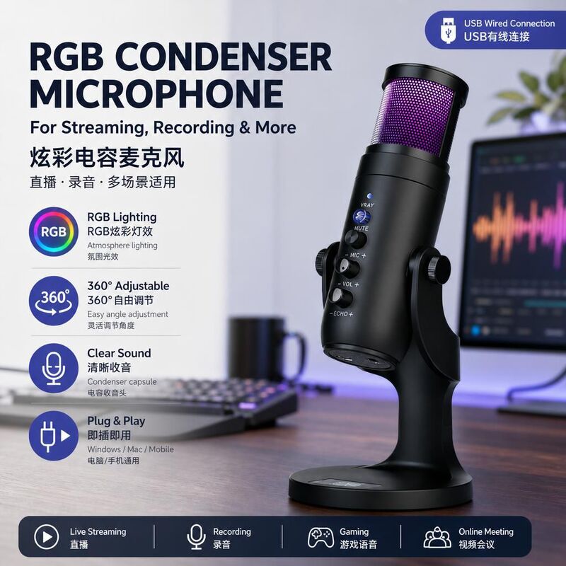 English Version USB Live Streaming Microphone with Free Shipping, in Stock, Suitable for Karaoke Live Streaming, Compatible with Computers and Mobile Phones English Version USB Live Streaming Microphone with Free Shipping, in Stock, Suitable for Karaoke Live Streaming, Compatible with Computers and Mobile Phones