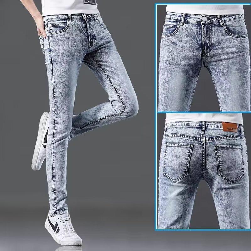 Men's Jeans Spring and Autumn Thin Slim Fit Tapered 2024 Snowflake Gray Stretch Men's Spring and Autumn Trendy Versatile Long Pants