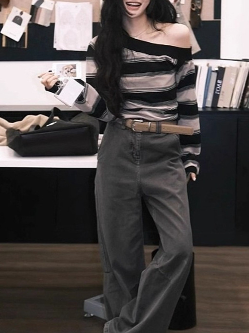 2025新款春装独特绝美辣妹上衣设计感小众斜肩领黑灰条纹长袖t恤|undefined
