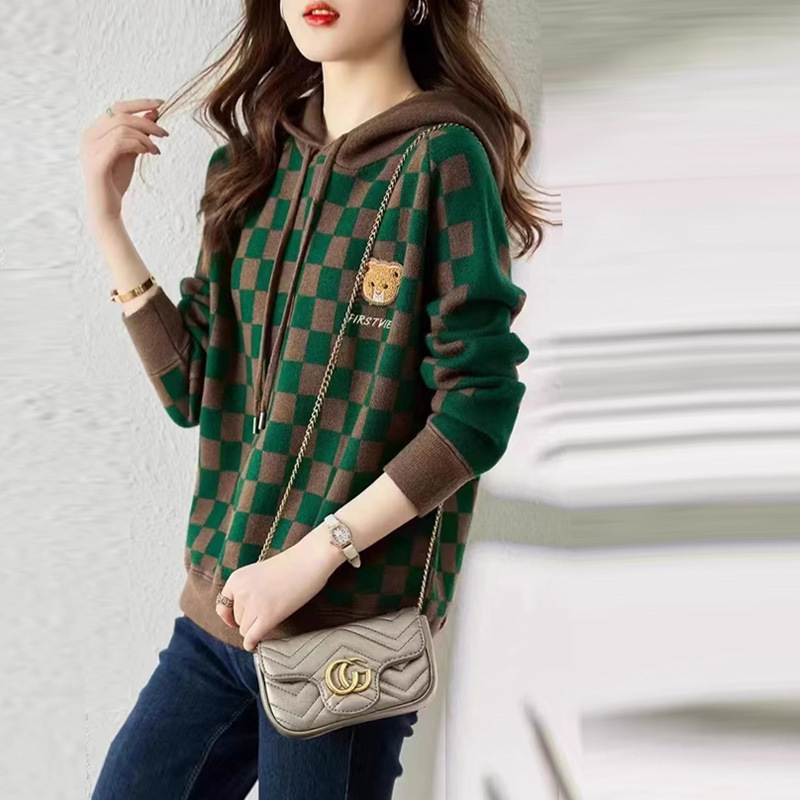 Heavy Industry Cashmere Sweater Autumn and Winter Western Style Age-reducing Top Lazy Style Design Sense Plaid Hooded Women's Sweater
