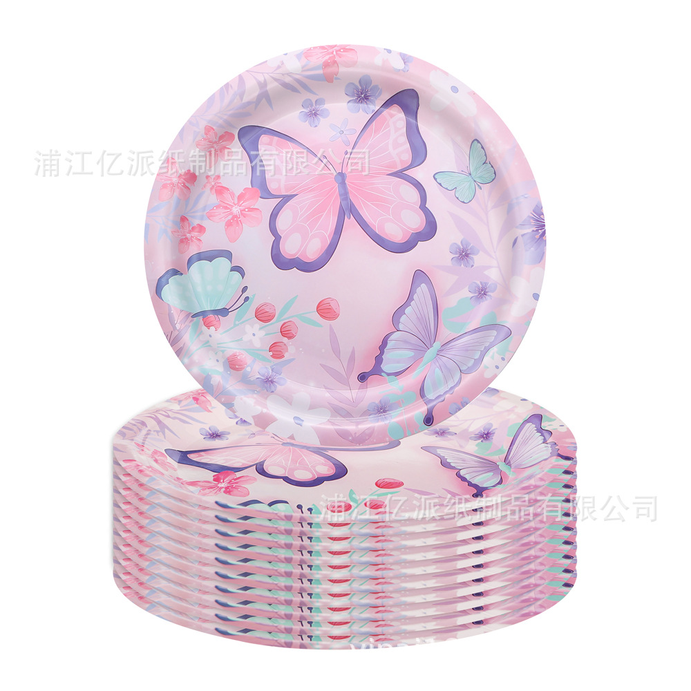 Nuevo juego de vajilla de fiesta con tema de mariposa de verano, bandeja de papel desechable, toallas de papel, cuchillo, tenedor, cuchara, suministros de decoración de fiesta